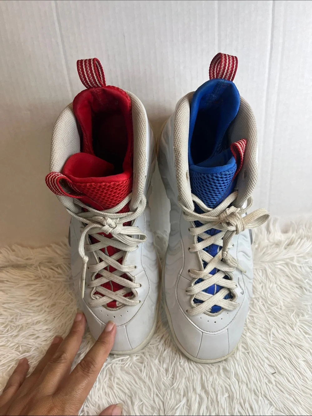 Nike Kids White Sneakers with Red & Blue Tongues